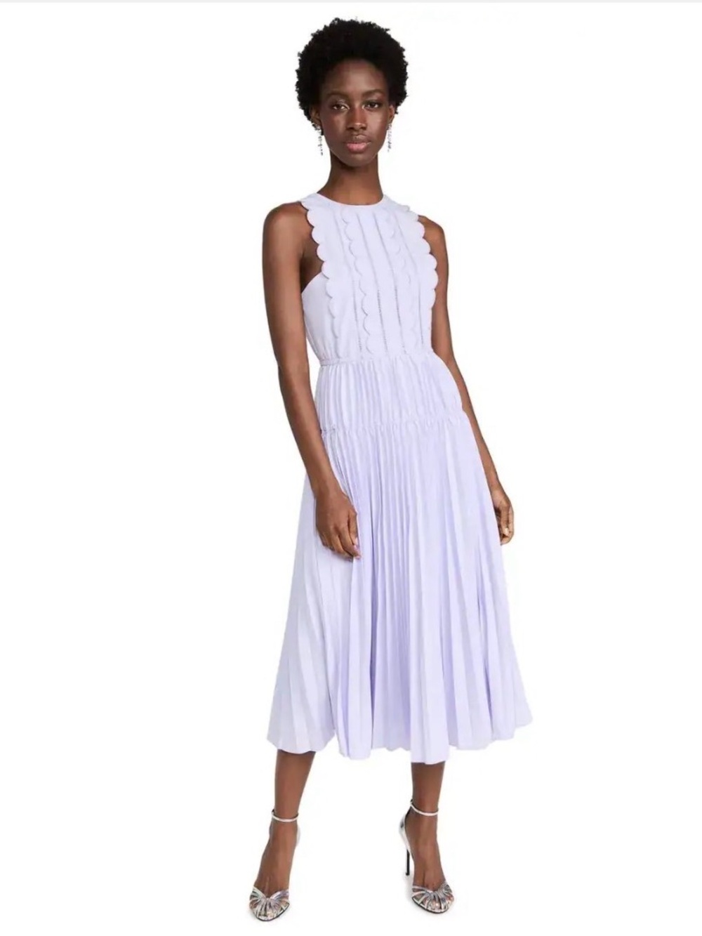 Self-Portrait Scallop Detail Midi Dress Lilac Sleeveless Pleated US 0 NWT